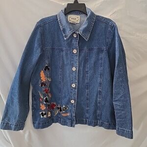 Vintage Tantrums Women's Denim Jacket Embroidered Leaves Boho  Cottagecore Sz XL
